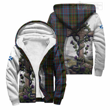 Bowie Tartan Sherpa Hoodie with Family Crest and St. Andrew's Cross Accented by Thistle Vines Unisex S - Tartan Vibes Clothing