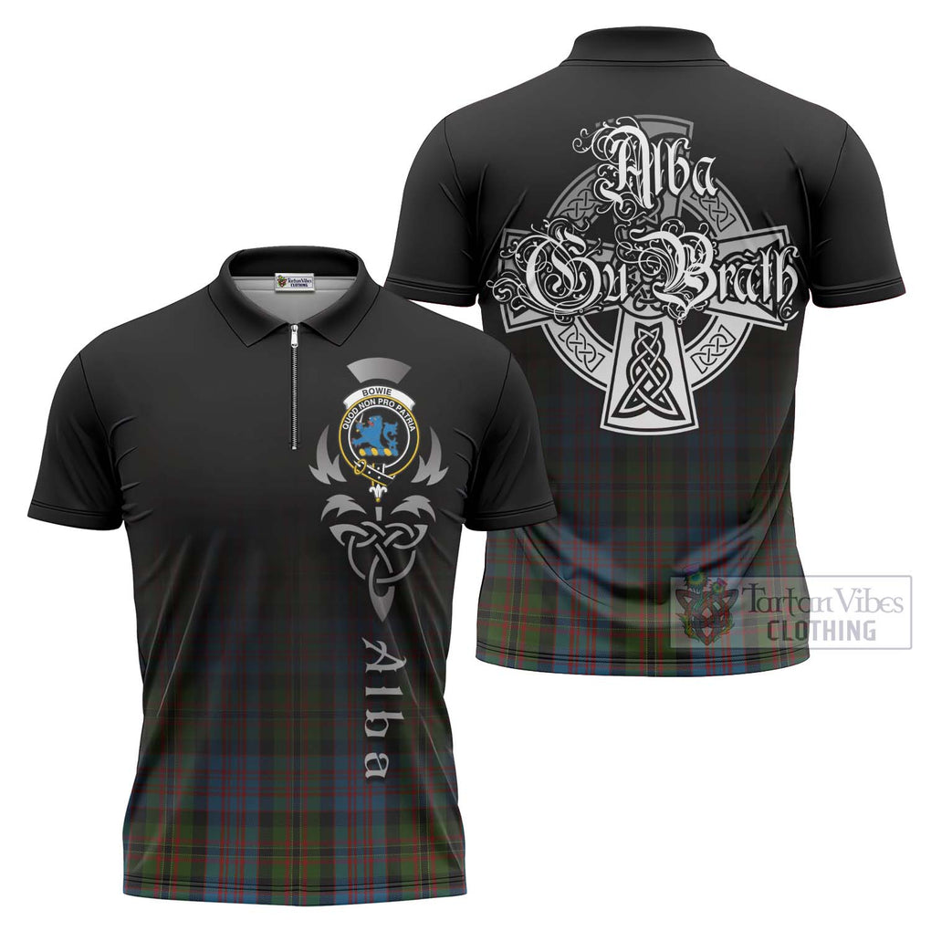 Bowie Tartan Zipper Polo Shirt Featuring Alba Gu Brath Family Crest Celtic Inspired Unisex - Tartan Vibes Clothing