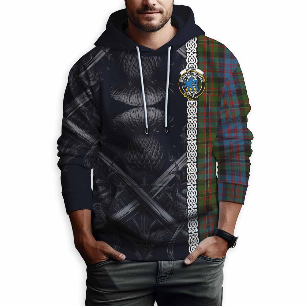 Bowie Tartan Hoodie with Family Crest Cross Sword Thistle Celtic Vibes Pullover Hoodie - Tartan Vibes Clothing