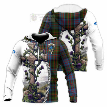 Tartan Vibes Clothing Bowie Tartan Knitted Hoodie with Family Crest and St. Andrew's Cross Accented by Thistle Vines
