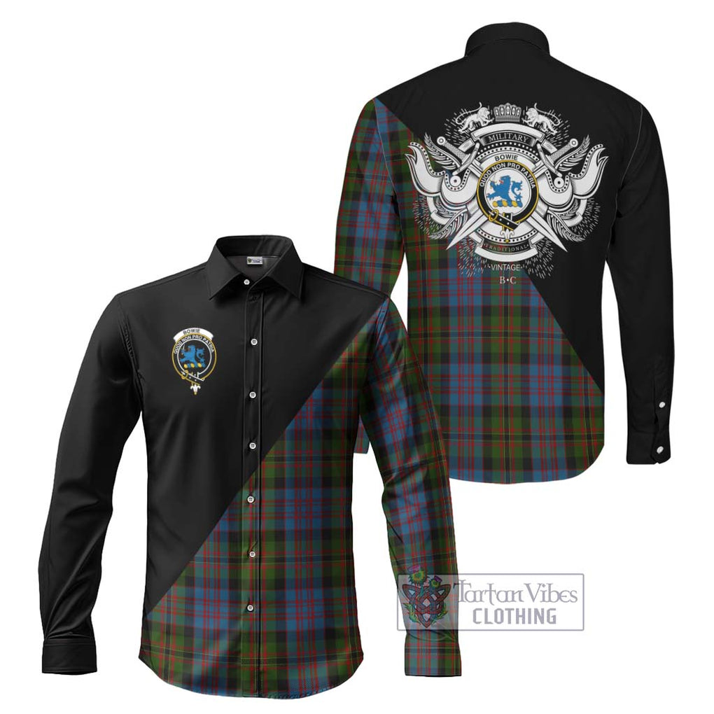 Bowie Tartan Long Sleeve Button Shirt with Family Crest and Military Logo Style Men's Shirt S - Tartanvibesclothing Shop