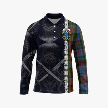 Bowie Tartan Long Sleeve Polo Shirt with Family Crest Cross Sword Thistle Celtic Vibes Unisex - Tartan Vibes Clothing