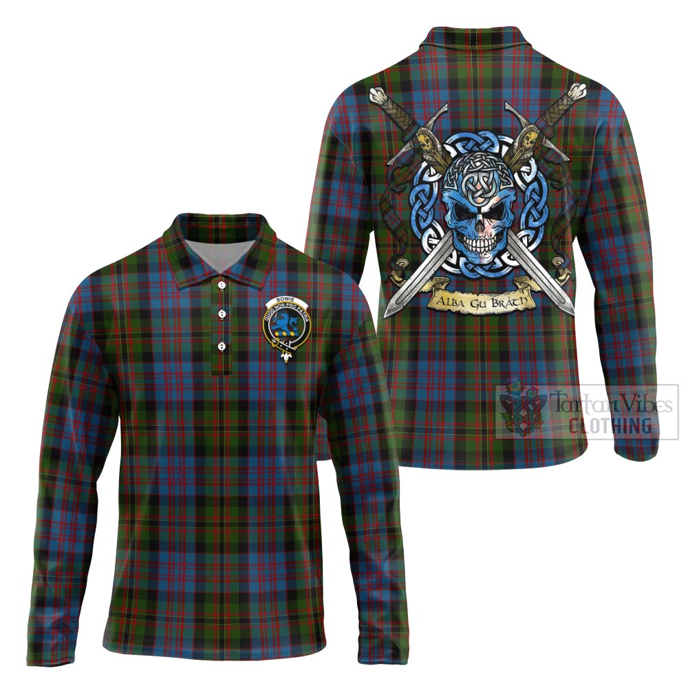 Bowie Tartan Long Sleeve Polo Shirt with Family Crest Celtic Skull Style Unisex - Tartan Vibes Clothing