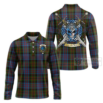 Bowie Tartan Long Sleeve Polo Shirt with Family Crest Celtic Skull Style Unisex - Tartan Vibes Clothing