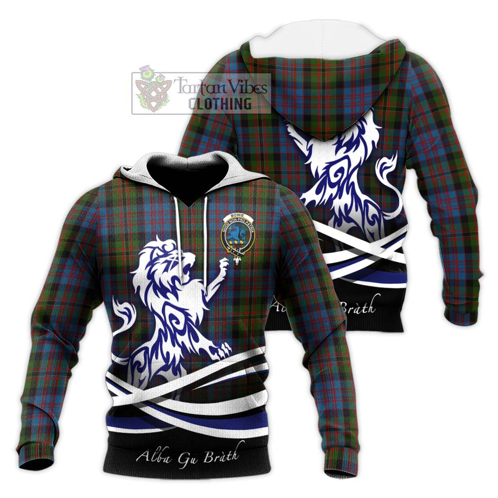 Bowie Tartan Knitted Hoodie with Alba Gu Brath Regal Lion Emblem Unisex Knitted Pullover Hoodie - Tartan Vibes Clothing