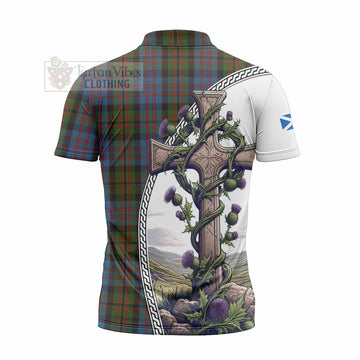 Bowie Tartan Zipper Polo Shirt with Family Crest and St. Andrew's Cross Accented by Thistle Vines - Tartan Vibes Clothing