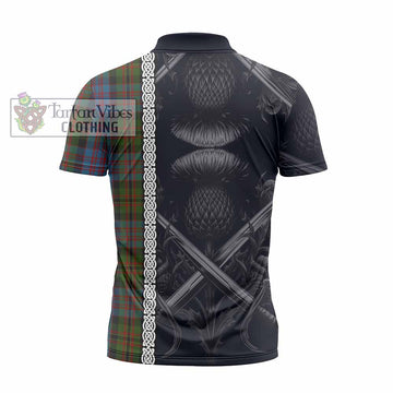 Bowie Tartan Zipper Polo Shirt with Family Crest Cross Sword Thistle Celtic Vibes - Tartan Vibes Clothing