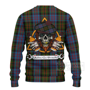 Bowie Tartan Ugly Sweater with Family Crest and Bearded Skull Holding Bottles of Whiskey - Tartan Vibes Clothing