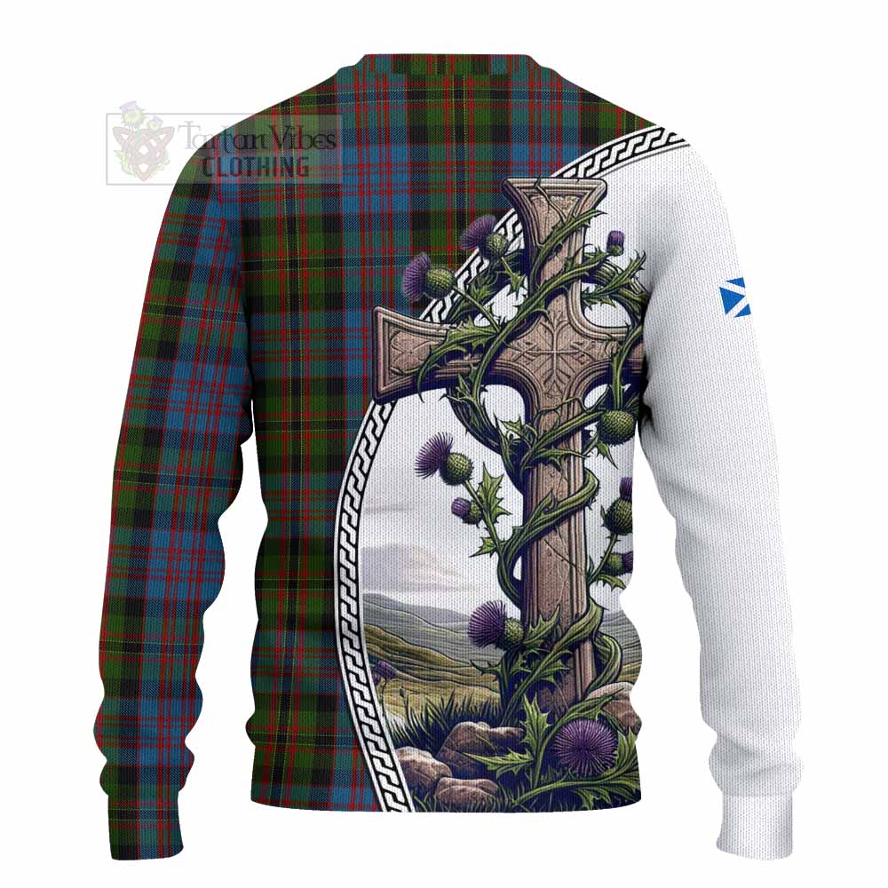 Bowie Tartan Knitted Sweater with Family Crest and St. Andrew's Cross Accented by Thistle Vines - Tartan Vibes Clothing