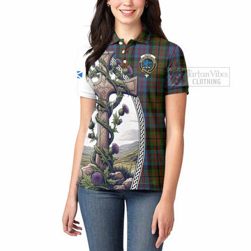 Bowie Tartan Women's Polo Shirt with Family Crest and St. Andrew's Cross Accented by Thistle Vines - Tartan Vibes Clothing