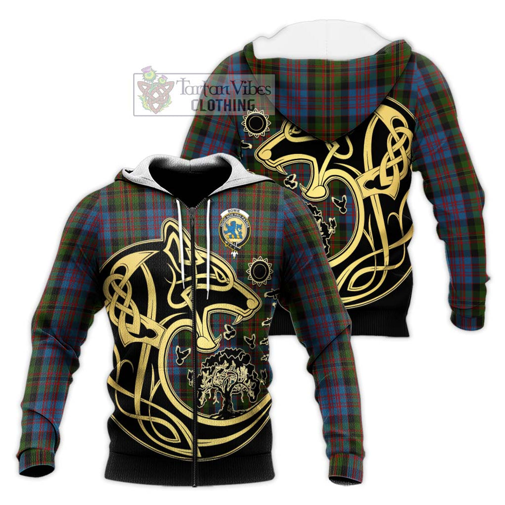 Bowie Tartan Knitted Hoodie with Family Crest Celtic Wolf Style Unisex Knitted Zip Hoodie - Tartan Vibes Clothing