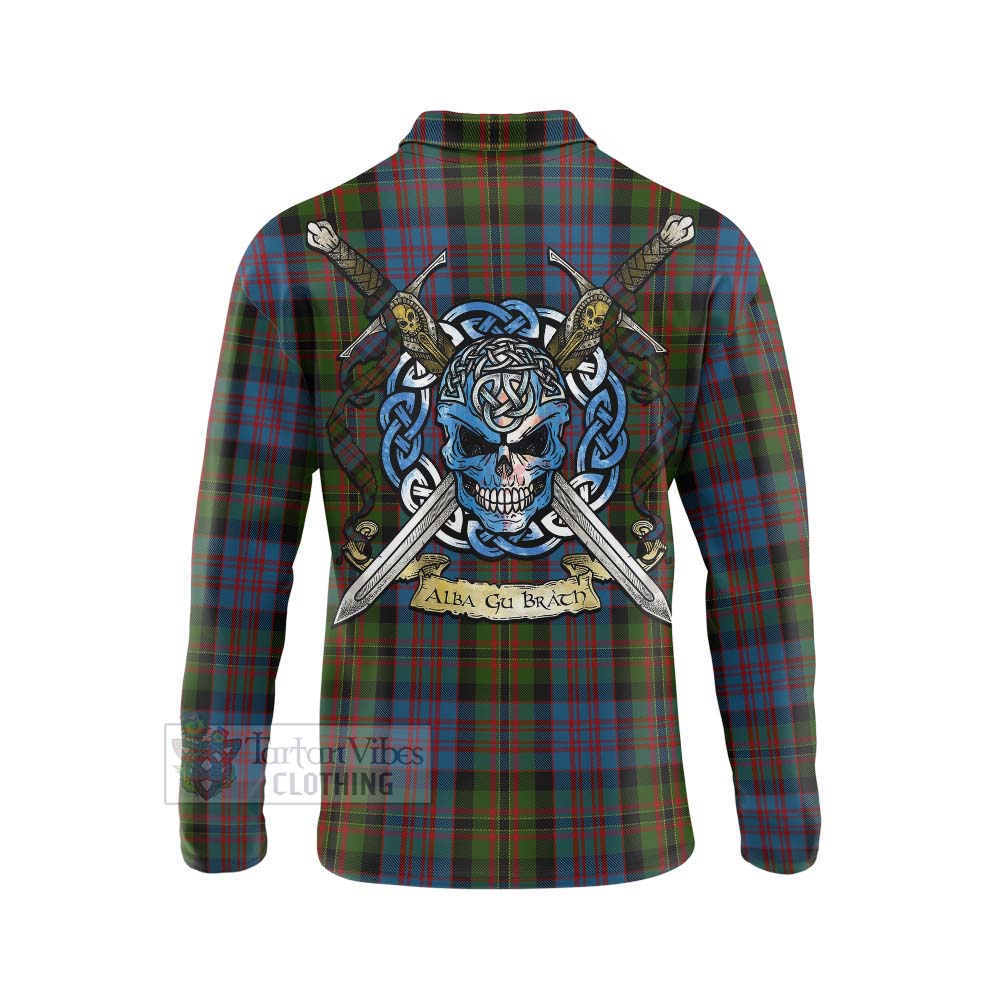 Bowie Tartan Long Sleeve Polo Shirt with Family Crest Celtic Skull Style - Tartan Vibes Clothing