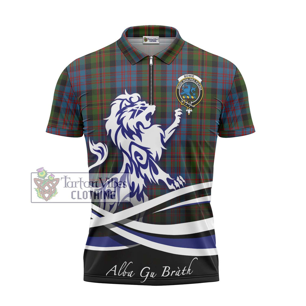 Bowie Tartan Zipper Polo Shirt with Alba Gu Brath Regal Lion Emblem - Tartan Vibes Clothing
