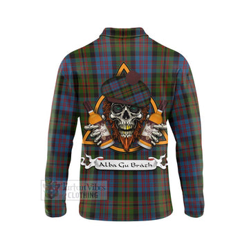 Bowie Tartan Long Sleeve Polo Shirt with Family Crest and Bearded Skull Holding Bottles of Whiskey - Tartan Vibes Clothing