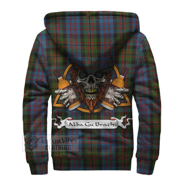 Bowie Tartan Sherpa Hoodie with Family Crest and Bearded Skull Holding Bottles of Whiskey - Tartan Vibes Clothing