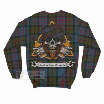 Bowie Tartan Sweatshirt with Family Crest and Bearded Skull Holding Bottles of Whiskey - Tartan Vibes Clothing