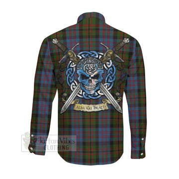 Bowie Tartan Long Sleeve Button Shirt with Family Crest Celtic Skull Style Men's Shirt - Tartan Vibes Clothing