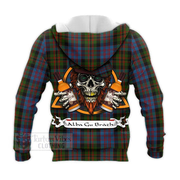 Bowie Tartan Knitted Hoodie with Family Crest and Bearded Skull Holding Bottles of Whiskey - Tartan Vibes Clothing