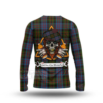 Bowie Tartan Long Sleeve T-Shirt with Family Crest and Bearded Skull Holding Bottles of Whiskey - Tartan Vibes Clothing