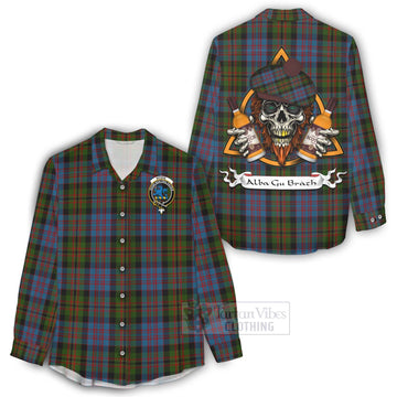 Bowie Tartan Women's Casual Shirt with Family Crest and Bearded Skull Holding Bottles of Whiskey - Tartan Vibes Clothing