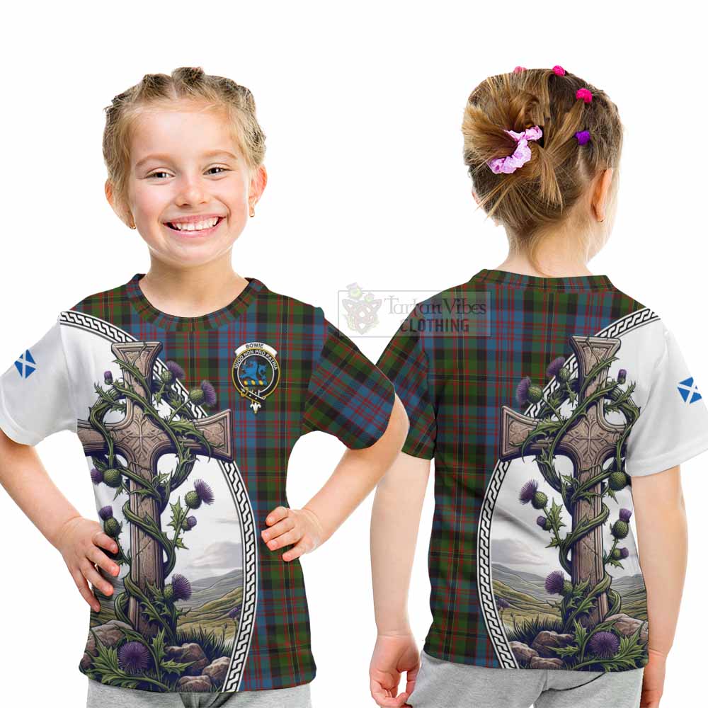 Tartan Vibes Clothing Bowie Tartan Kid T-Shirt with Family Crest and St. Andrew's Cross Accented by Thistle Vines