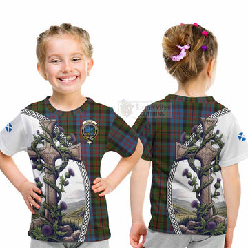 Tartan Vibes Clothing Bowie Tartan Kid T-Shirt with Family Crest and St. Andrew's Cross Accented by Thistle Vines