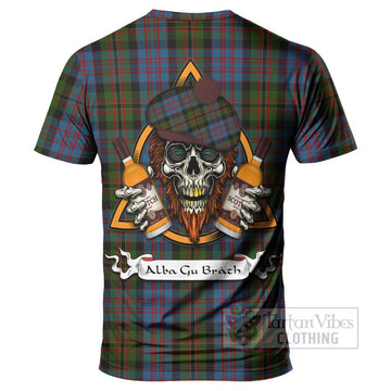 Bowie Tartan T-Shirt with Family Crest and Bearded Skull Holding Bottles of Whiskey - Tartan Vibes Clothing