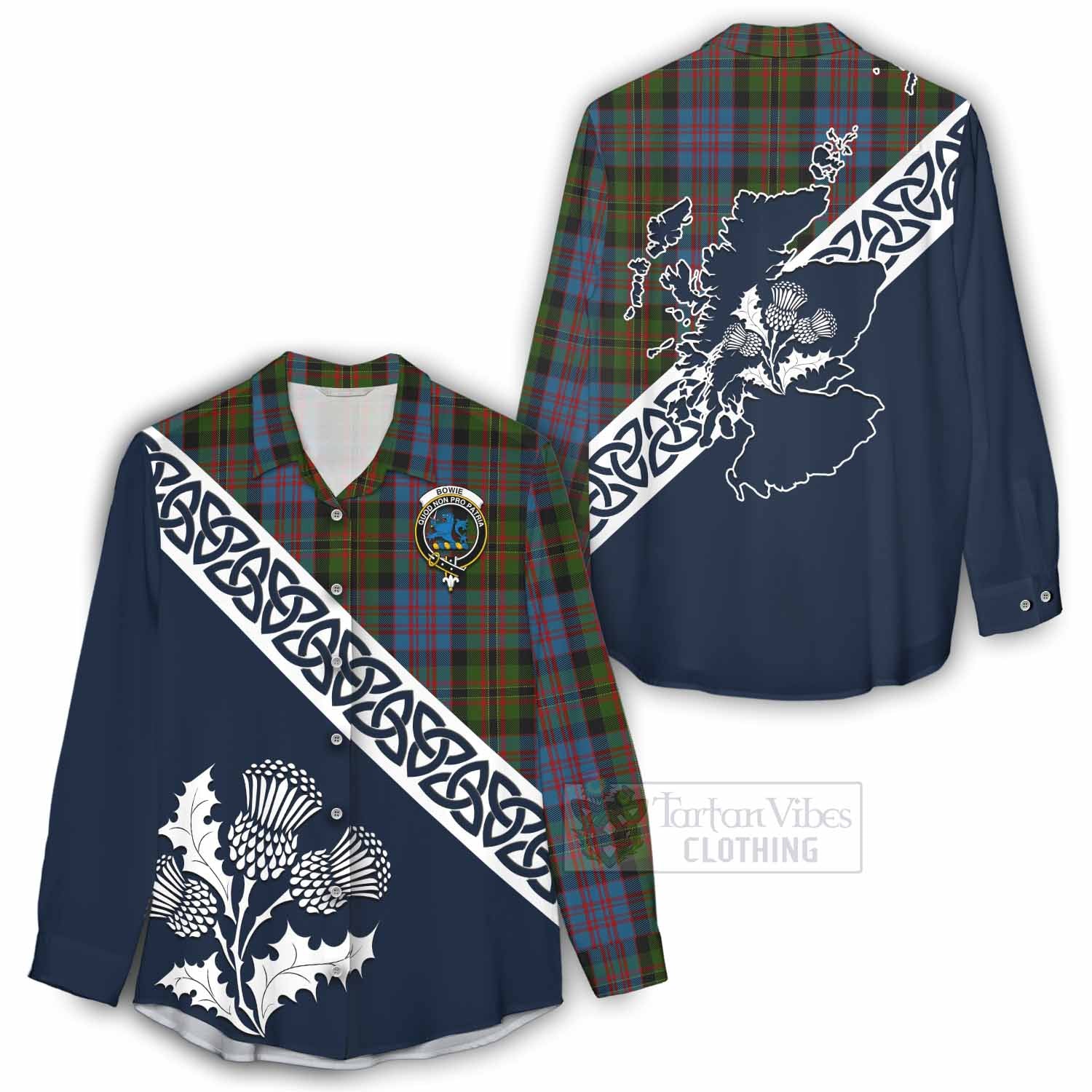 Bowie Tartan Women's Casual Shirt Featuring Thistle and Scotland Map - Tartan Vibes Clothing
