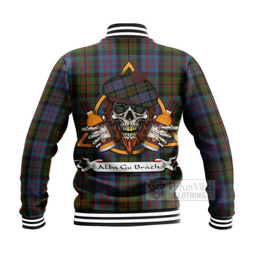Bowie Tartan Baseball Jacket with Family Crest and Bearded Skull Holding Bottles of Whiskey - Tartan Vibes Clothing