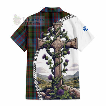 Bowie Tartan Hawaiian Shirt with Family Crest and St. Andrew's Cross Accented by Thistle Vines - Tartan Vibes Clothing