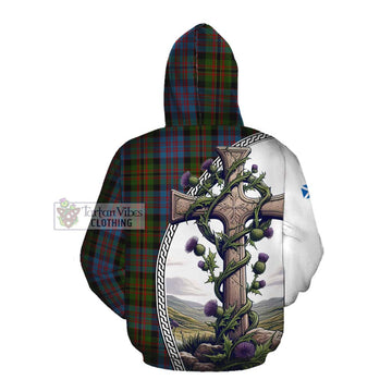 Tartan Vibes Clothing Bowie Tartan Cotton Hoodie with Family Crest and St. Andrew's Cross Accented by Thistle Vines