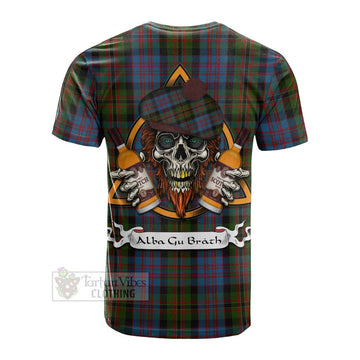 Bowie Tartan Cotton T-shirt with Family Crest and Bearded Skull Holding Bottles of Whiskey - Tartan Vibes Clothing