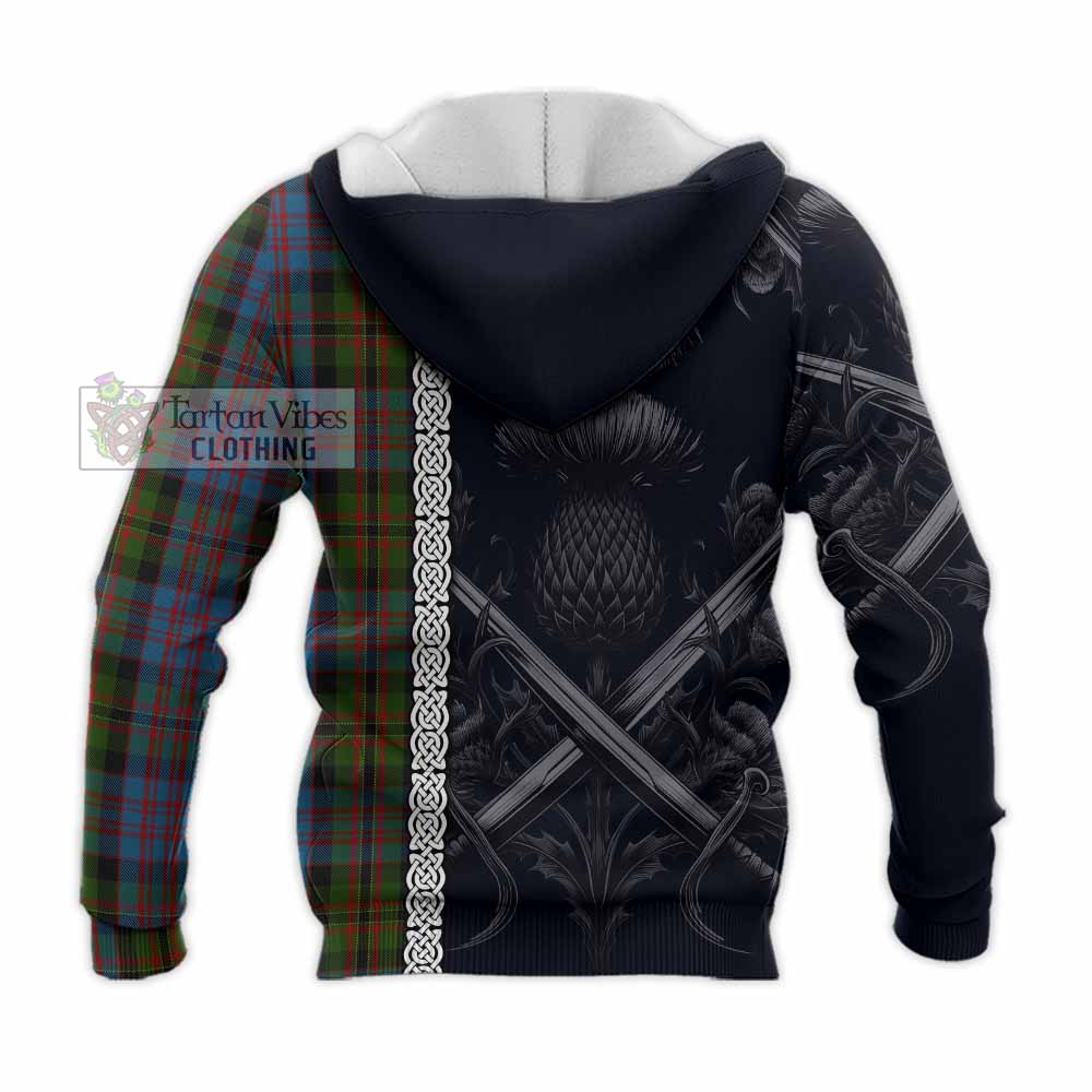 Bowie Tartan Knitted Hoodie with Family Crest Cross Sword Thistle Celtic Vibes - Tartan Vibes Clothing