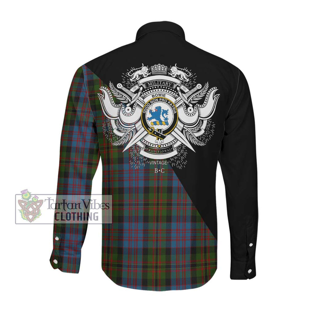 Bowie Tartan Long Sleeve Button Shirt with Family Crest and Military Logo Style Men's Shirt - Tartanvibesclothing Shop