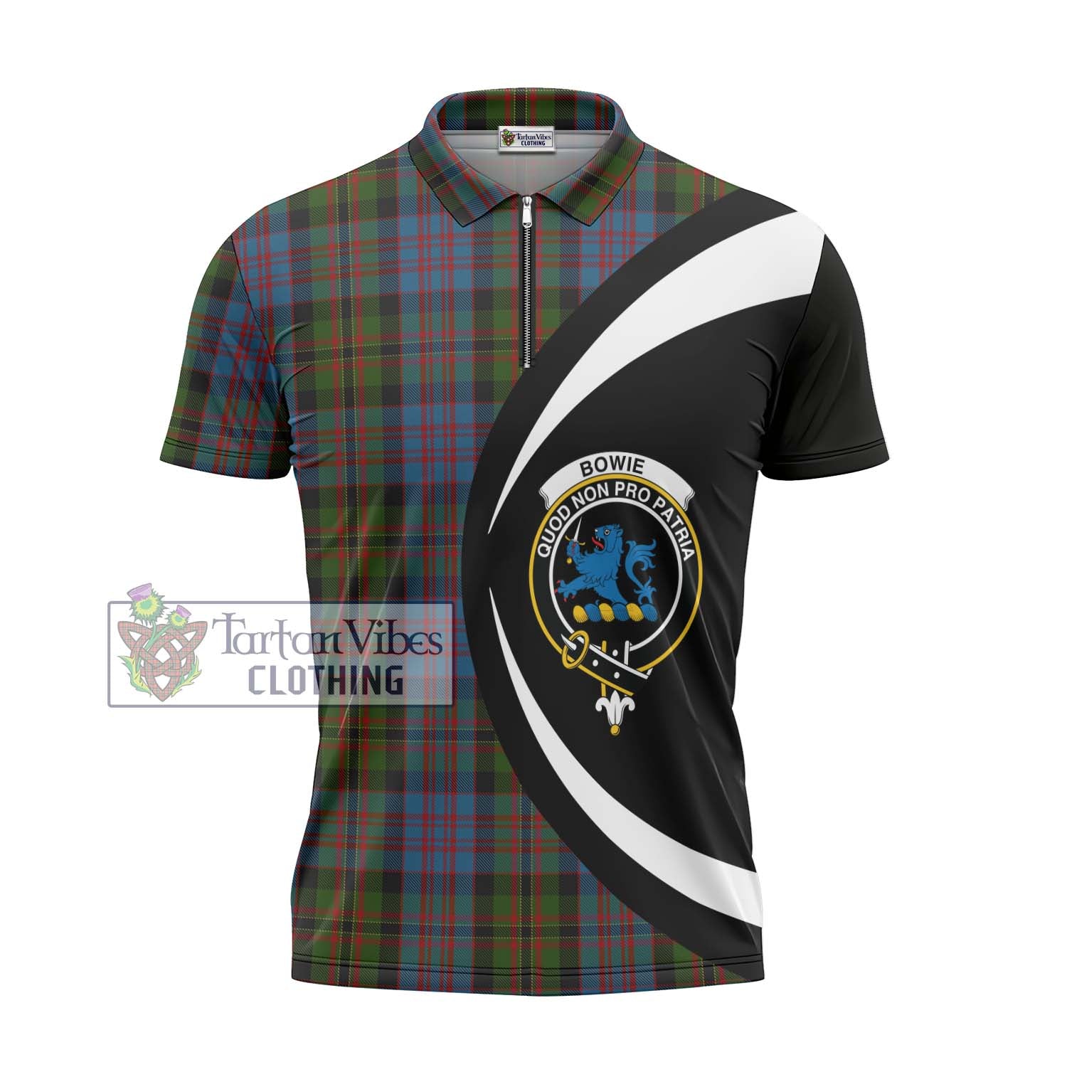Bowie Tartan Zipper Polo Shirt with Family Crest Circle Style - Tartan Vibes Clothing