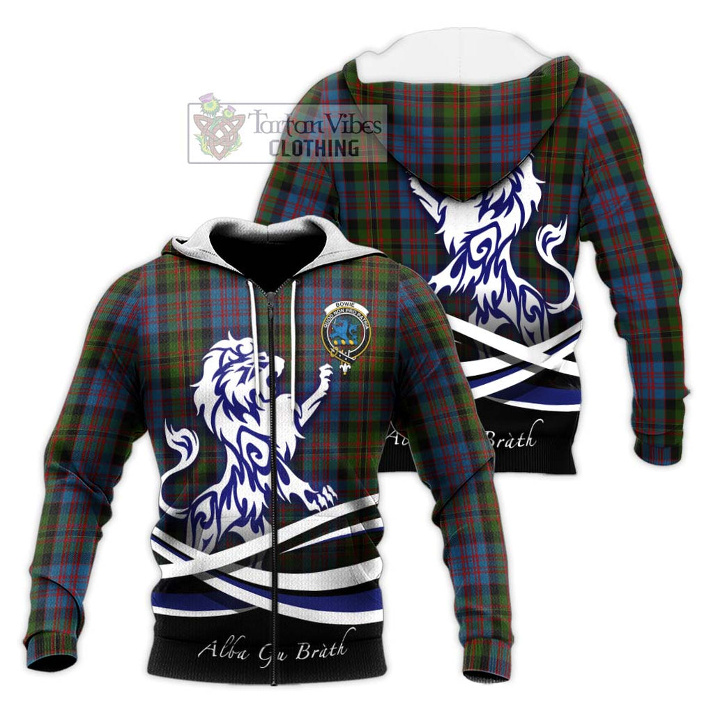 Bowie Tartan Knitted Hoodie with Alba Gu Brath Regal Lion Emblem Unisex Knitted Zip Hoodie - Tartan Vibes Clothing