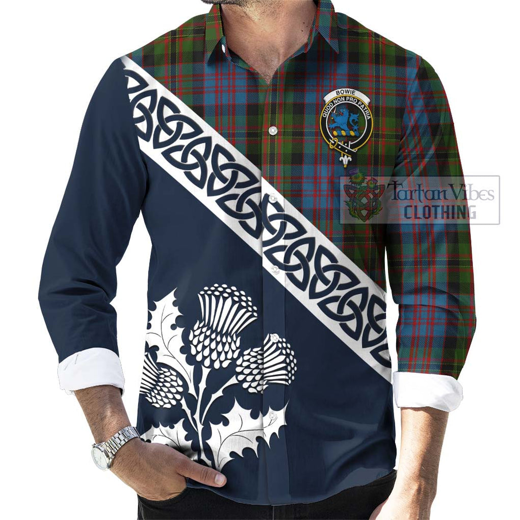 Bowie Tartan Long Sleeve Button Shirt Featuring Thistle and Scotland Map Men's Shirt - Tartan Vibes Clothing
