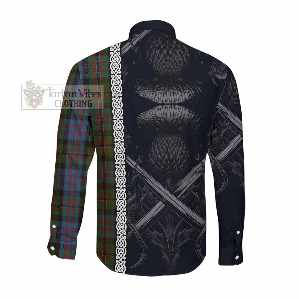 Tartan Vibes Clothing Bowie Tartan Long Sleeve Button Shirt with Family Crest Cross Sword Thistle Celtic Vibes