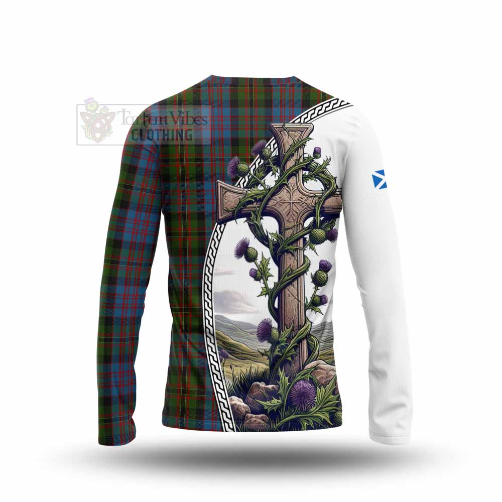 Tartan Vibes Clothing Bowie Tartan Long Sleeve T-Shirt with Family Crest and St. Andrew's Cross Accented by Thistle Vines