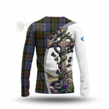 Tartan Vibes Clothing Bowie Tartan Long Sleeve T-Shirt with Family Crest and St. Andrew's Cross Accented by Thistle Vines