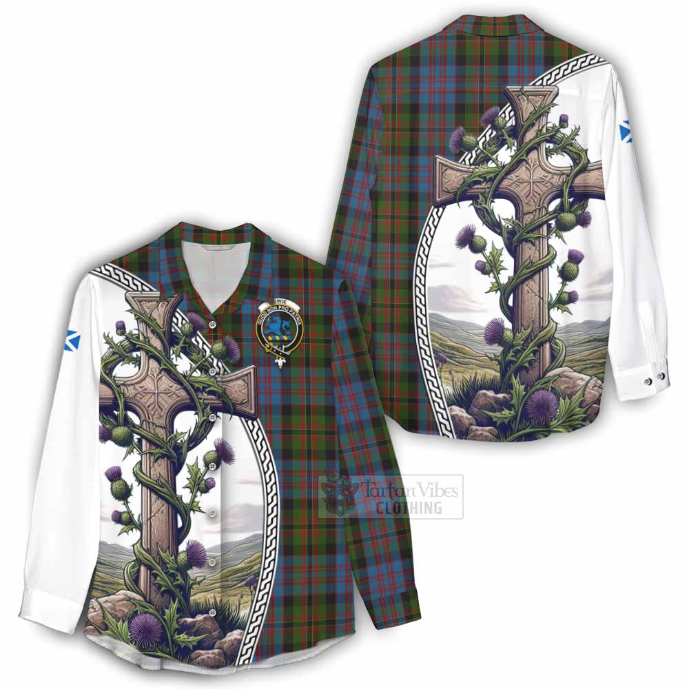 Tartan Vibes Clothing Bowie Tartan Women's Casual Shirt with Family Crest and St. Andrew's Cross Accented by Thistle Vines