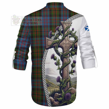 Tartan Vibes Clothing Bowie Tartan Ghillie Kilt Shirt with Family Crest and St. Andrew's Cross Accented by Thistle Vines