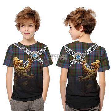 Bowie Crest Tartan Kid T-Shirt with Golden Lion Emblem Celtic Style - Tartan Vibes Clothing