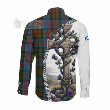 Bowie Tartan Long Sleeve Button Shirt with Family Crest and St. Andrew's Cross Accented by Thistle Vines Men's Shirt - Tartan Vibes Clothing