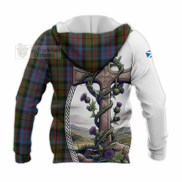 Tartan Vibes Clothing Bowie Tartan Knitted Hoodie with Family Crest and St. Andrew's Cross Accented by Thistle Vines