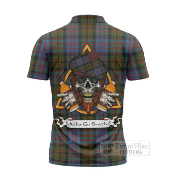 Bowie Tartan Zipper Polo Shirt with Family Crest and Bearded Skull Holding Bottles of Whiskey - Tartan Vibes Clothing