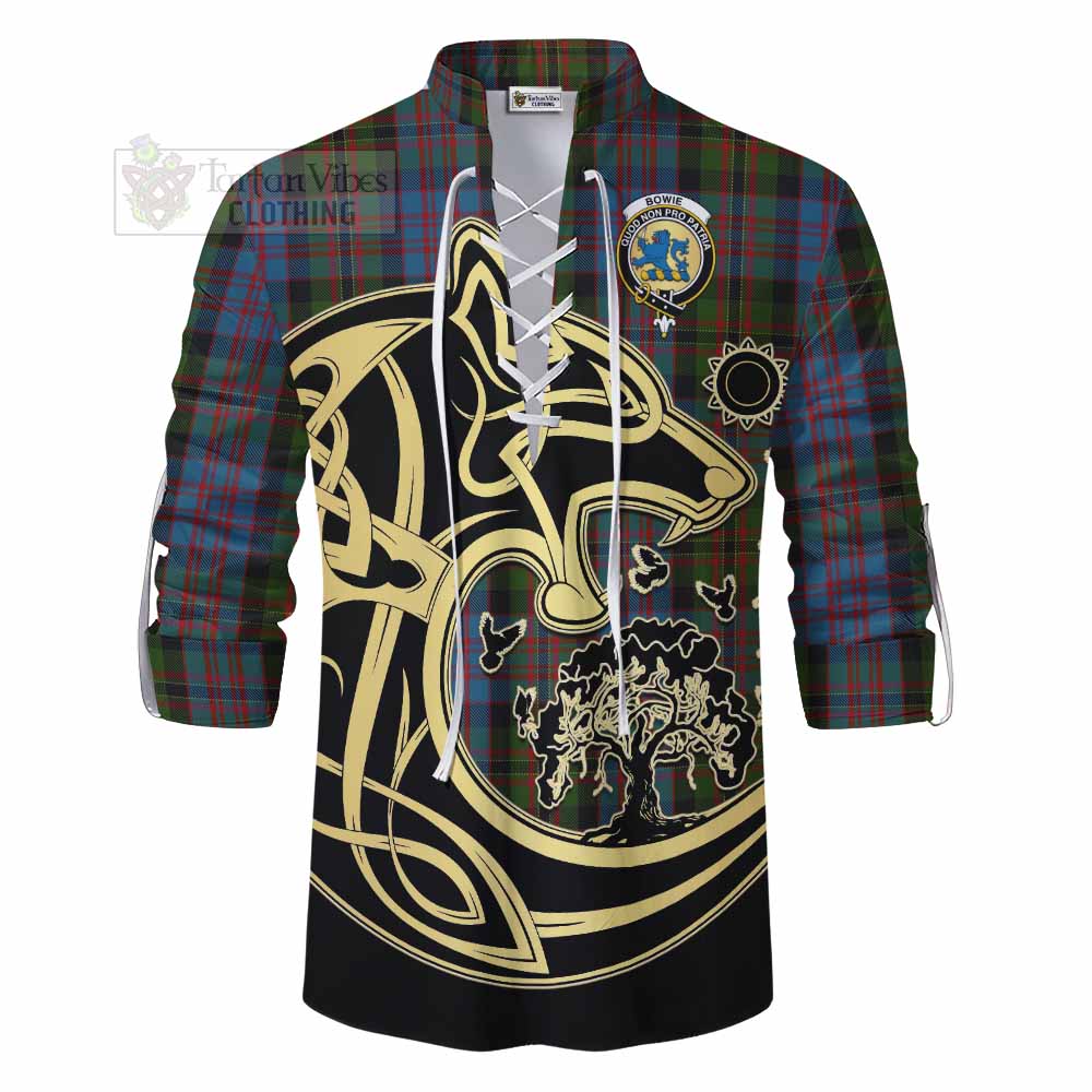 Bowie Tartan Ghillie Kilt Shirt with Family Crest Celtic Wolf Style - Tartan Vibes Clothing