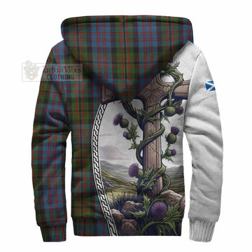 Bowie Tartan Sherpa Hoodie with Family Crest and St. Andrew's Cross Accented by Thistle Vines - Tartan Vibes Clothing