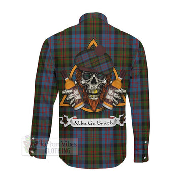 Bowie Tartan Long Sleeve Button Shirt with Family Crest and Bearded Skull Holding Bottles of Whiskey Men's Shirt - Tartan Vibes Clothing