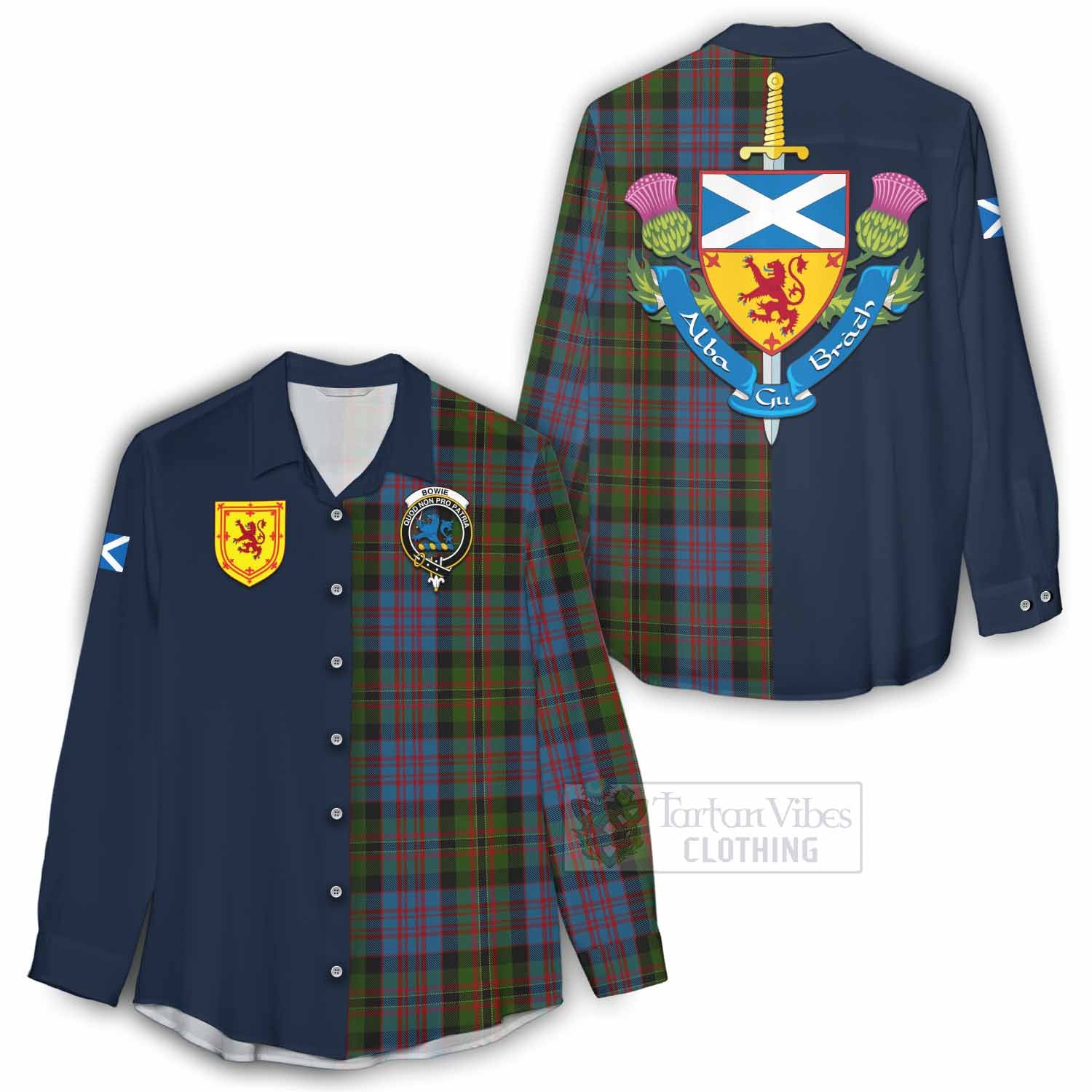 Bowie Tartan Women's Casual Shirt Alba with Scottish Lion Royal Arm Half Style - Tartan Vibes Clothing